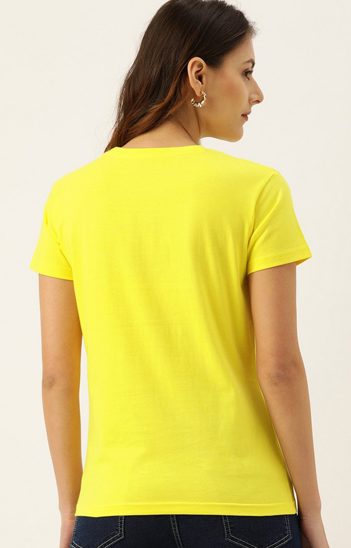 Women's Yellow Cotton Typographic Printed Regular T-Shirt