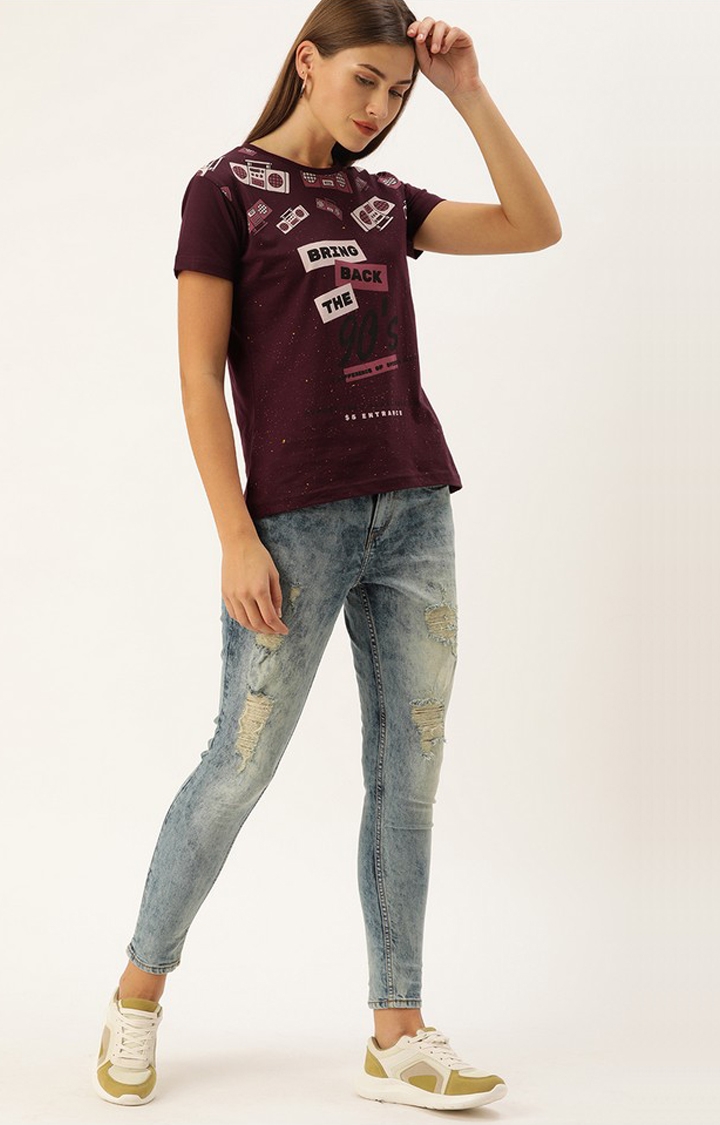 Difference of Opinion | Women's Maroon Cotton Graphics Regular T-Shirt 1