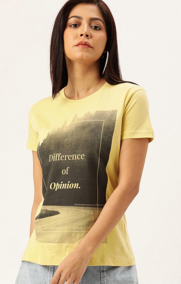 Difference of Opinion | Women's Yellow Cotton Graphics Regular T-Shirt 0