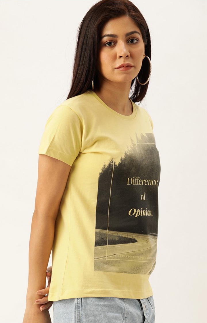 Difference of Opinion | Women's Yellow Cotton Graphics Regular T-Shirt 2