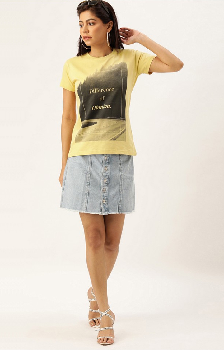 Difference of Opinion | Women's Yellow Cotton Graphics Regular T-Shirt 1