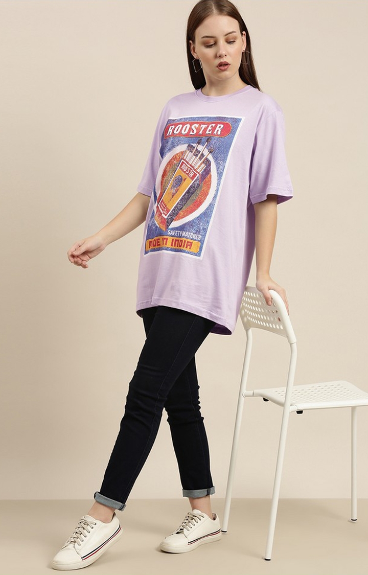 Women's Lilac Cotton Graphic Printed Oversized T-Shirt