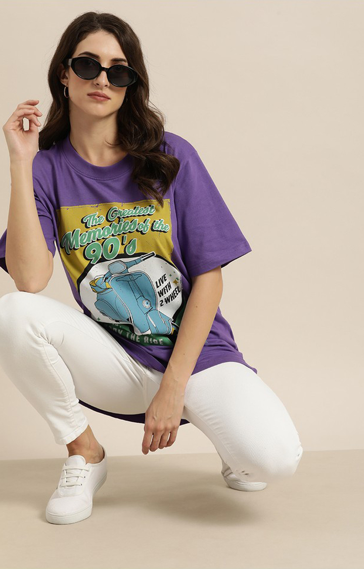 Womens Purple Cotton Graphic Printed Oversized T Shirt 7505