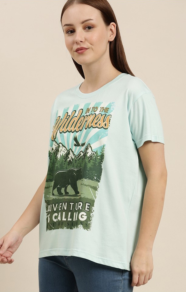 Difference of Opinion | Women's Pastel Blue Cotton Graphic Printed Oversized T-Shirt