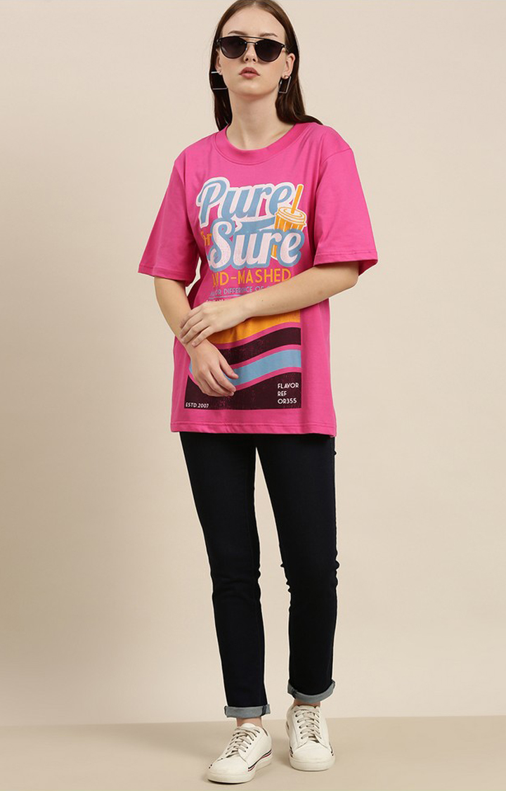 Women's Pink Cotton Graphic Printed Oversized T-Shirt