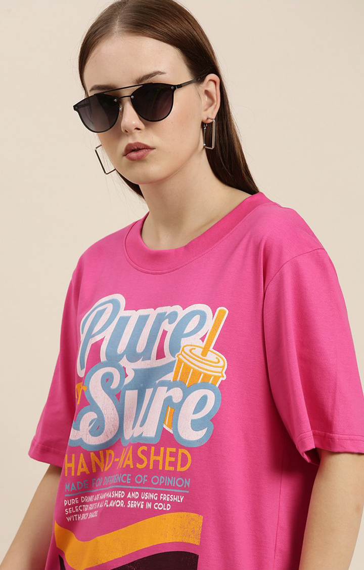 Women's Pink Cotton Graphic Printed Oversized T-Shirt