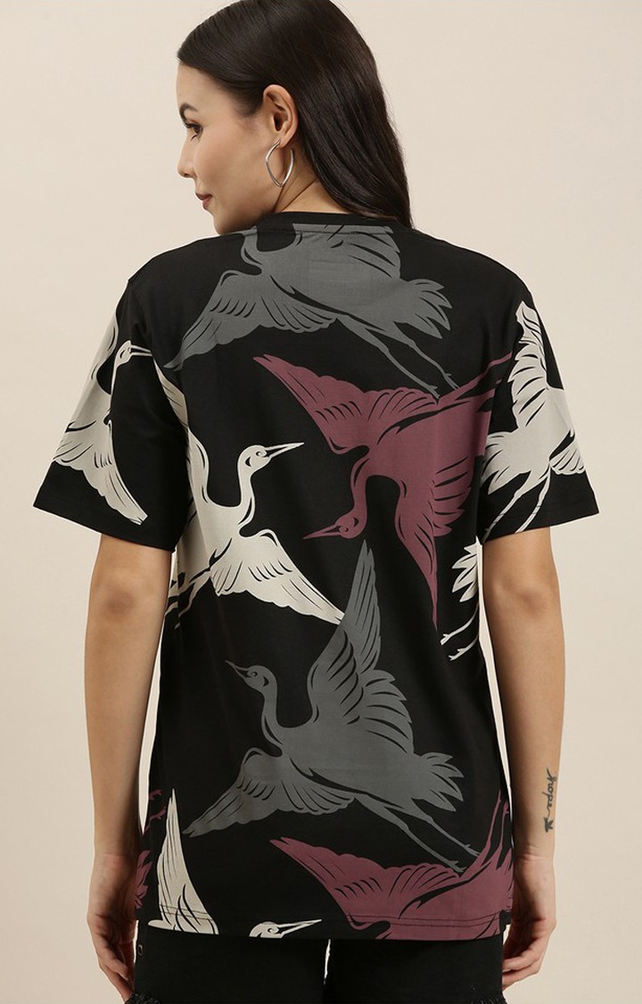Women's Black Cotton Graphic Printed Oversized T-Shirt