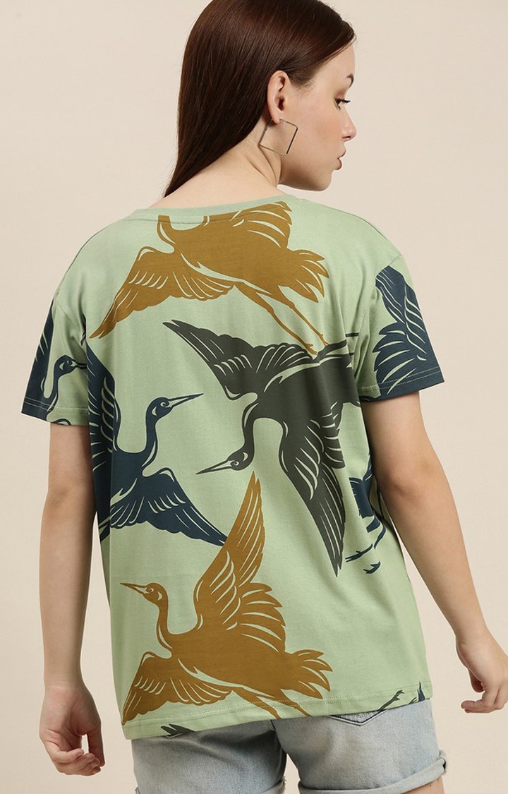 Women's P Green Cotton Graphic Printed Oversized T-Shirt