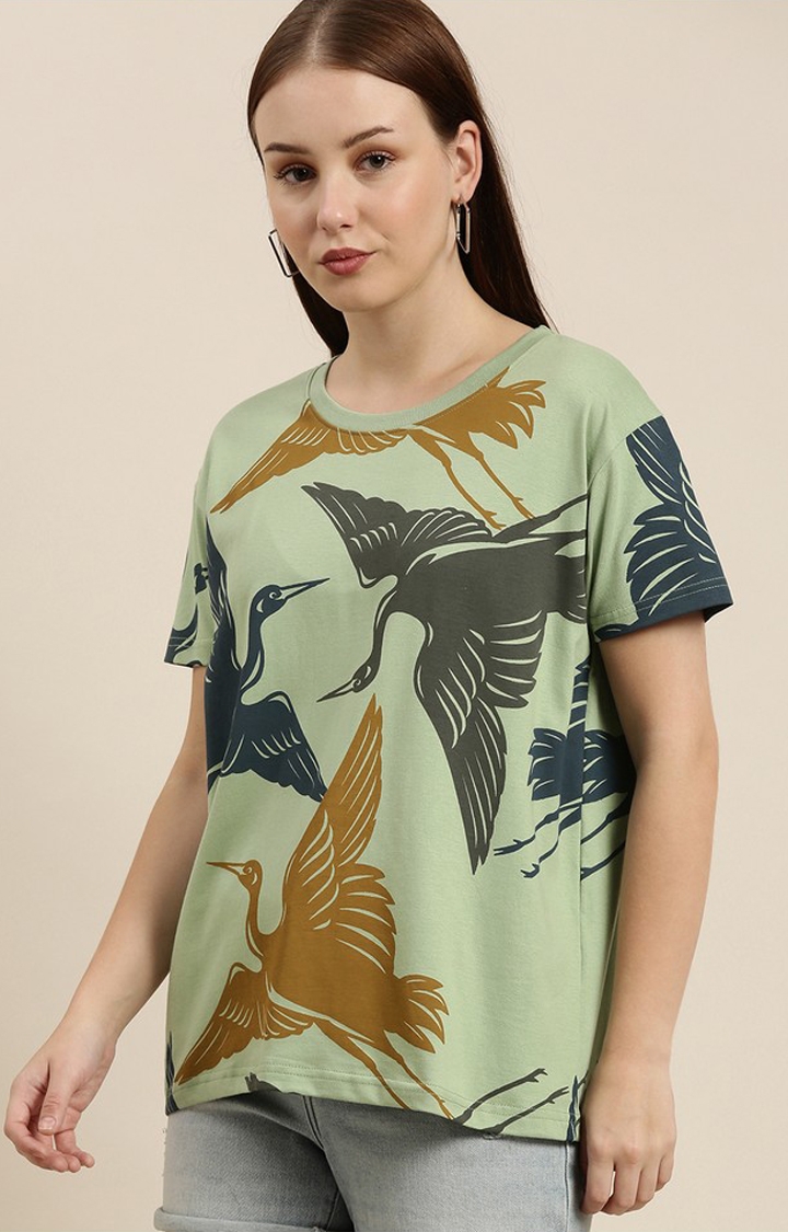 Difference of Opinion | Women's P Green Cotton Graphic Printed Oversized T-Shirt