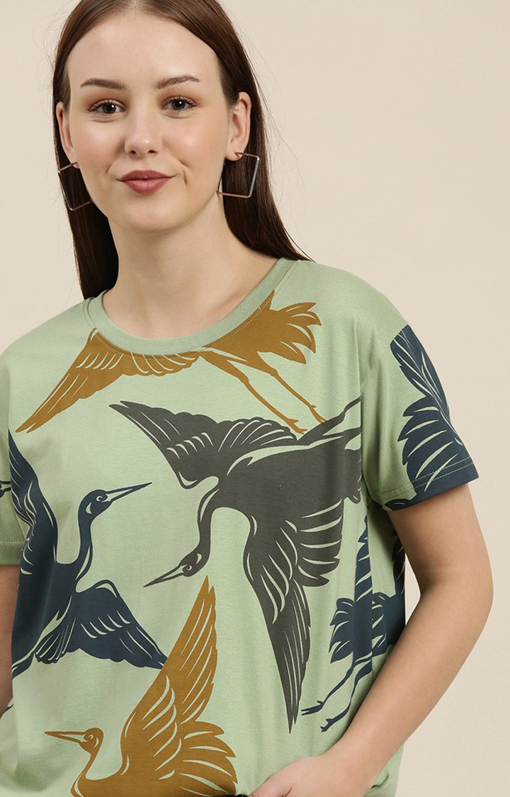 Women's P Green Cotton Graphic Printed Oversized T-Shirt