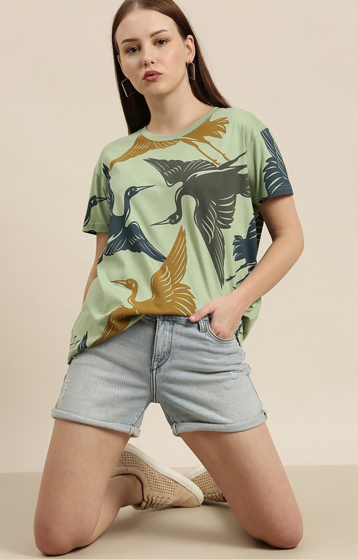 Women's P Green Cotton Graphic Printed Oversized T-Shirt