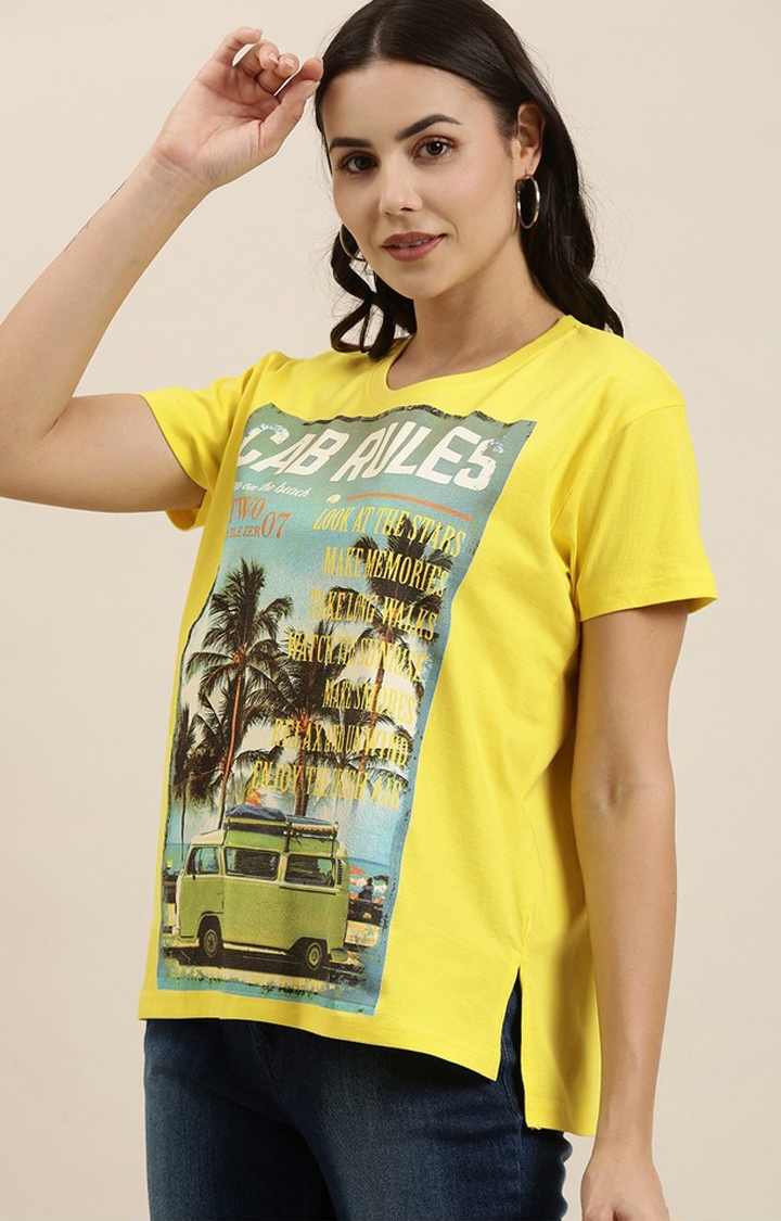 Women's Lemon Yellow Cotton Graphic Printed Oversized T-Shirt