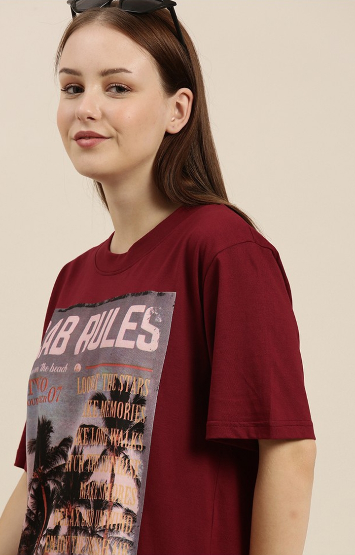 Women's Maroon Cotton Graphic Printed Oversized T-Shirt