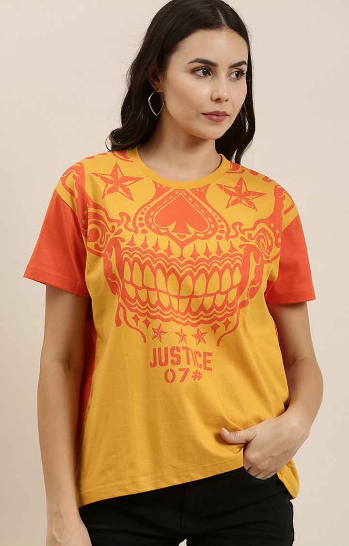Difference of Opinion | Women's Mustard Cotton Graphic Printed Oversized T-Shirt