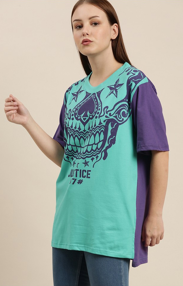Difference of Opinion | Women's Turquoise Cotton Graphic Printed Oversized T-Shirt