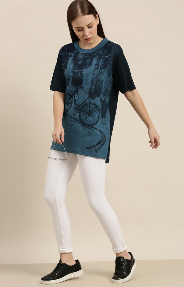 Women's Teal Blue Cotton Graphic Printed Oversized T-Shirt