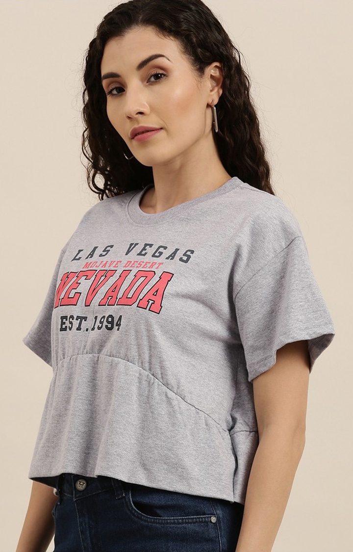 Difference of Opinion | Women's Grey Melange Textured Cotton Typographic Printed Oversized T-Shirt