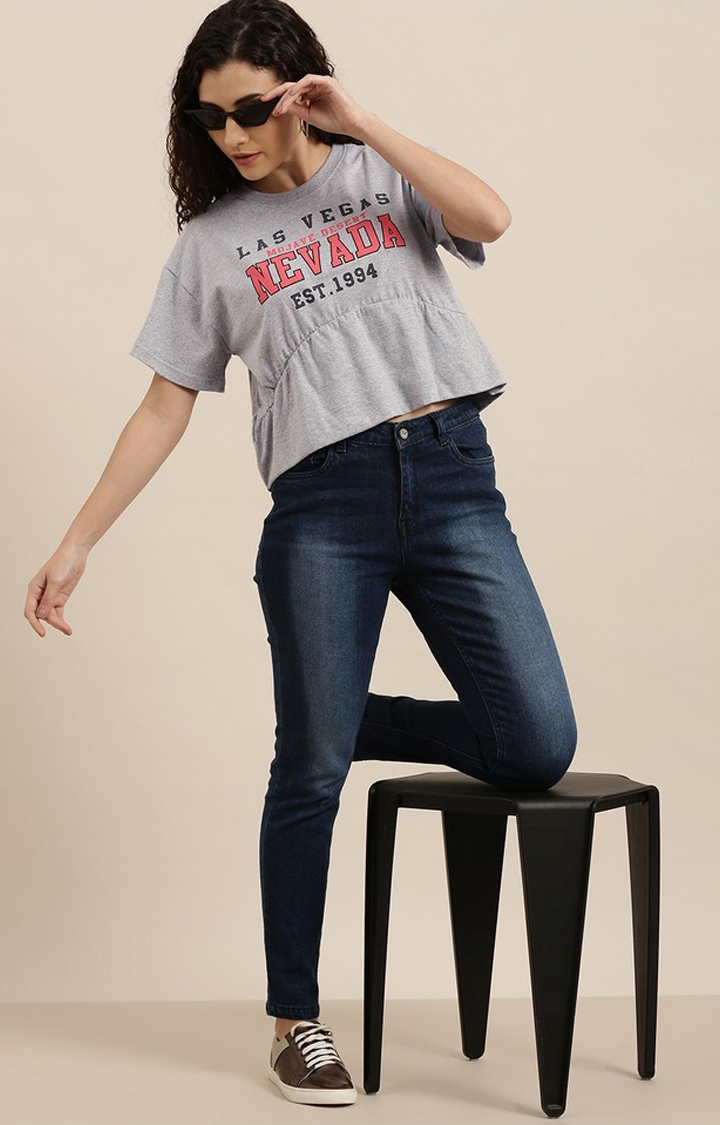 Women's Grey Melange Textured Cotton Typographic Printed Oversized T-Shirt