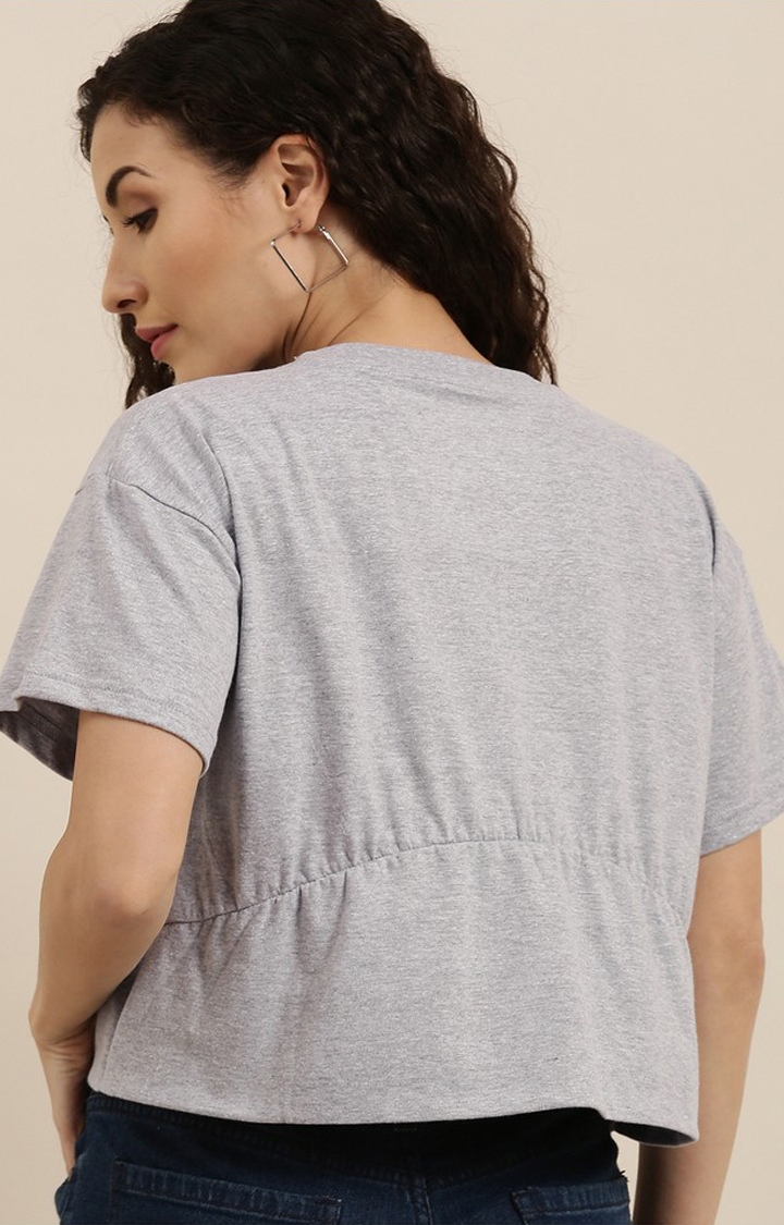 Women's Grey Melange Textured Cotton Typographic Printed Oversized T-Shirt