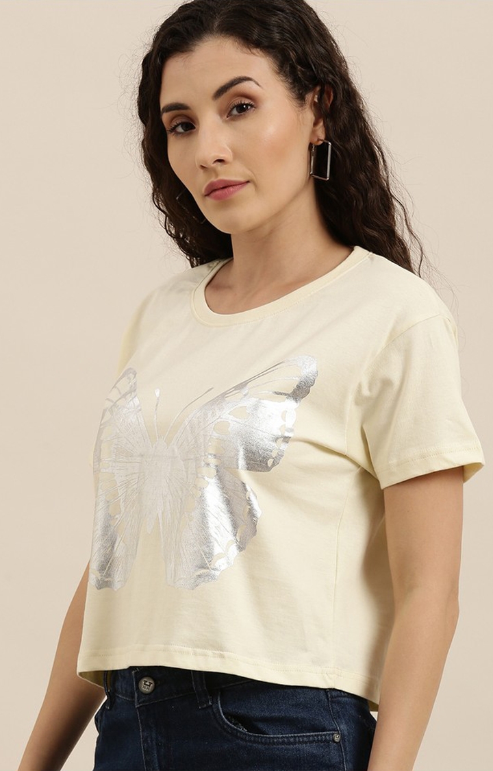 Women's Off White Cotton Graphic Printed Oversized T-Shirt