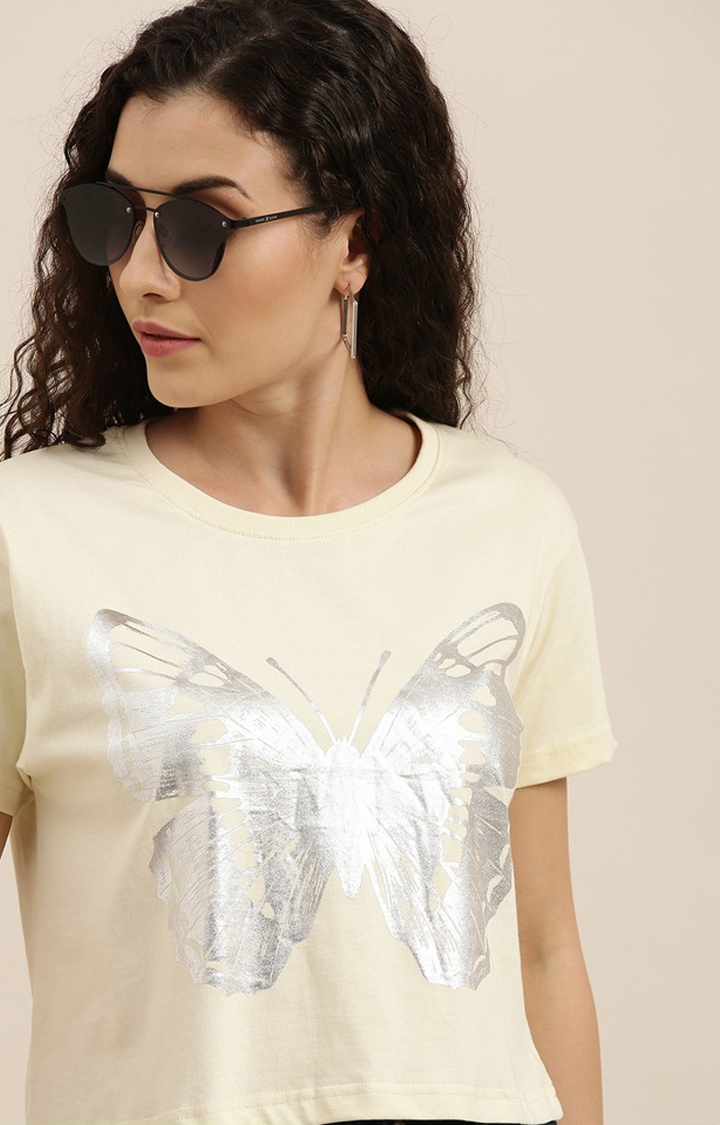 Women's Off White Cotton Graphic Printed Oversized T-Shirt