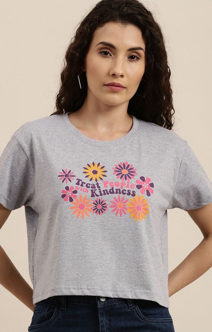 Difference of Opinion | Women's Grey Melange Textured  Cotton Floral Regular T-Shirt