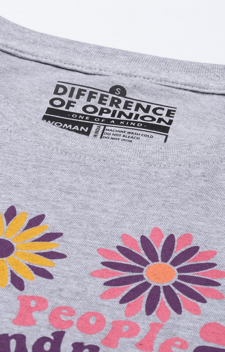 Women's Grey Melange Textured  Cotton Floral Regular T-Shirt
