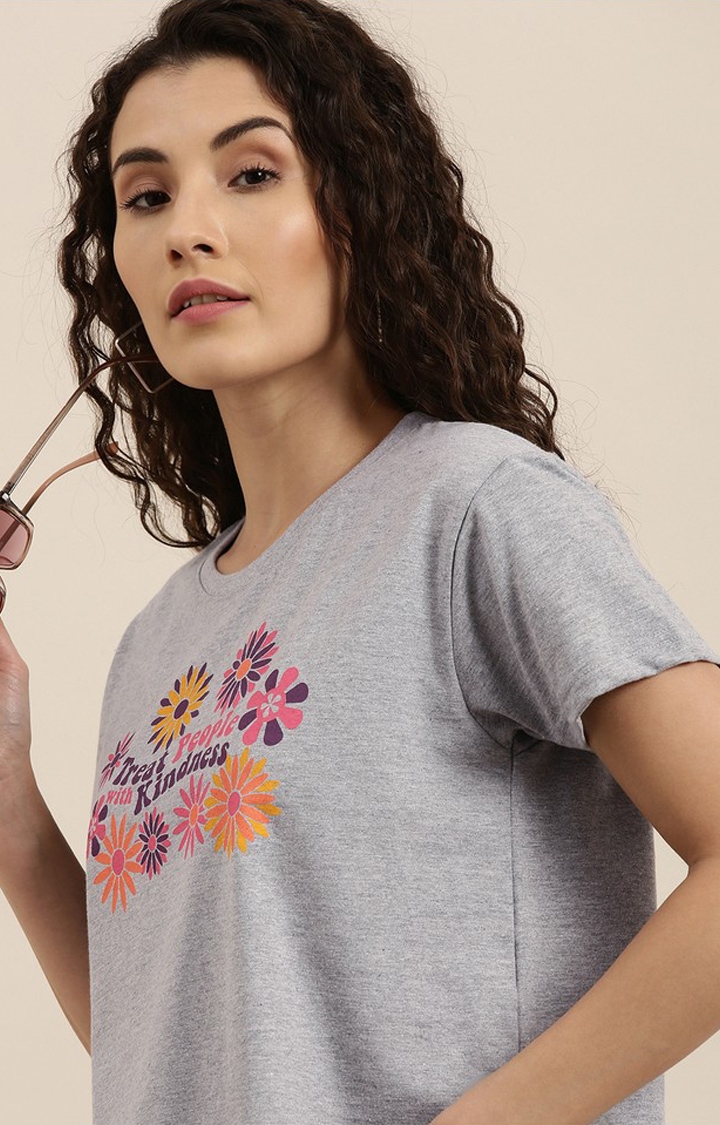 Women's Grey Melange Textured  Cotton Floral Regular T-Shirt