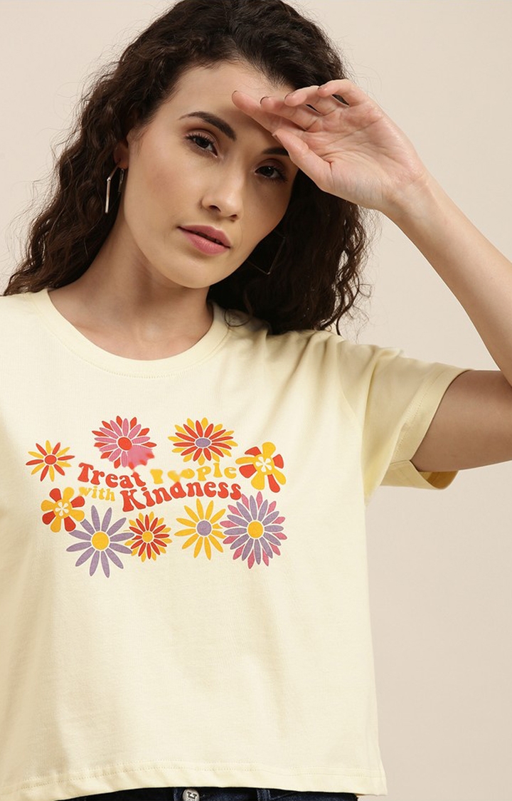 Difference of Opinion | Women's Yellow Cotton Floral Oversized T-Shirt 2