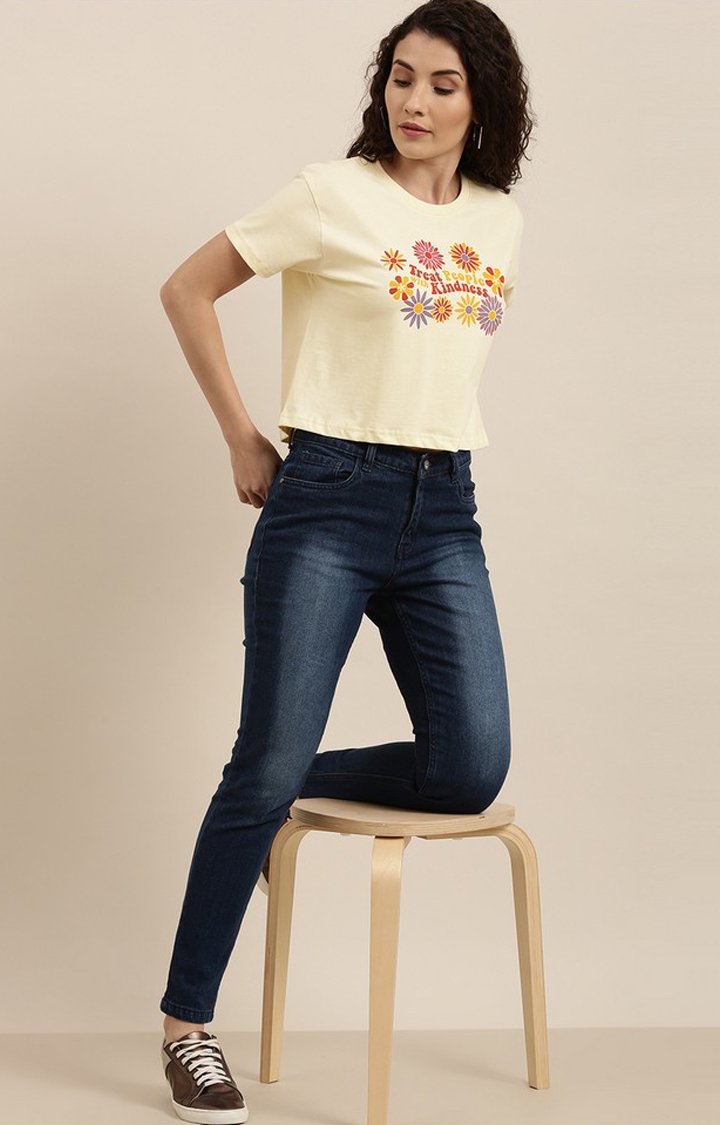 Women's Yellow Cotton Floral Oversized T-Shirt