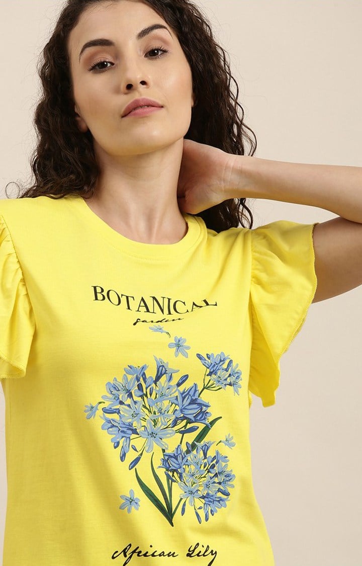 Women's Lemon Yellow Cotton Floral Regular T-Shirt