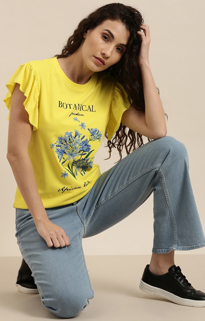 Women's Lemon Yellow Cotton Floral Regular T-Shirt