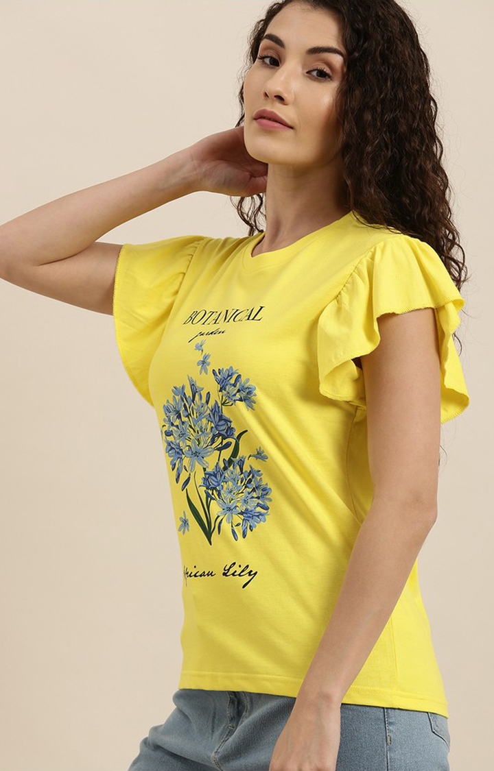 Difference of Opinion | Women's Lemon Yellow Cotton Floral Regular T-Shirt