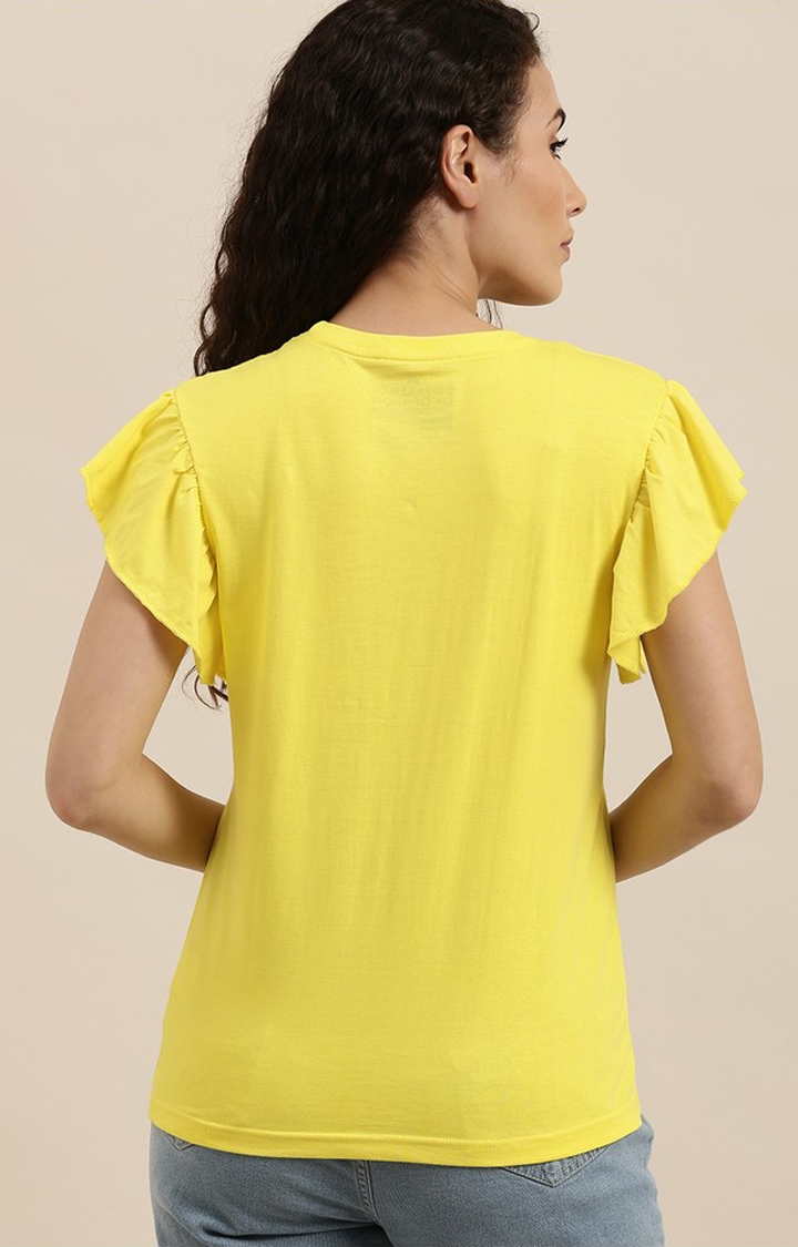 Women's Lemon Yellow Cotton Floral Regular T-Shirt