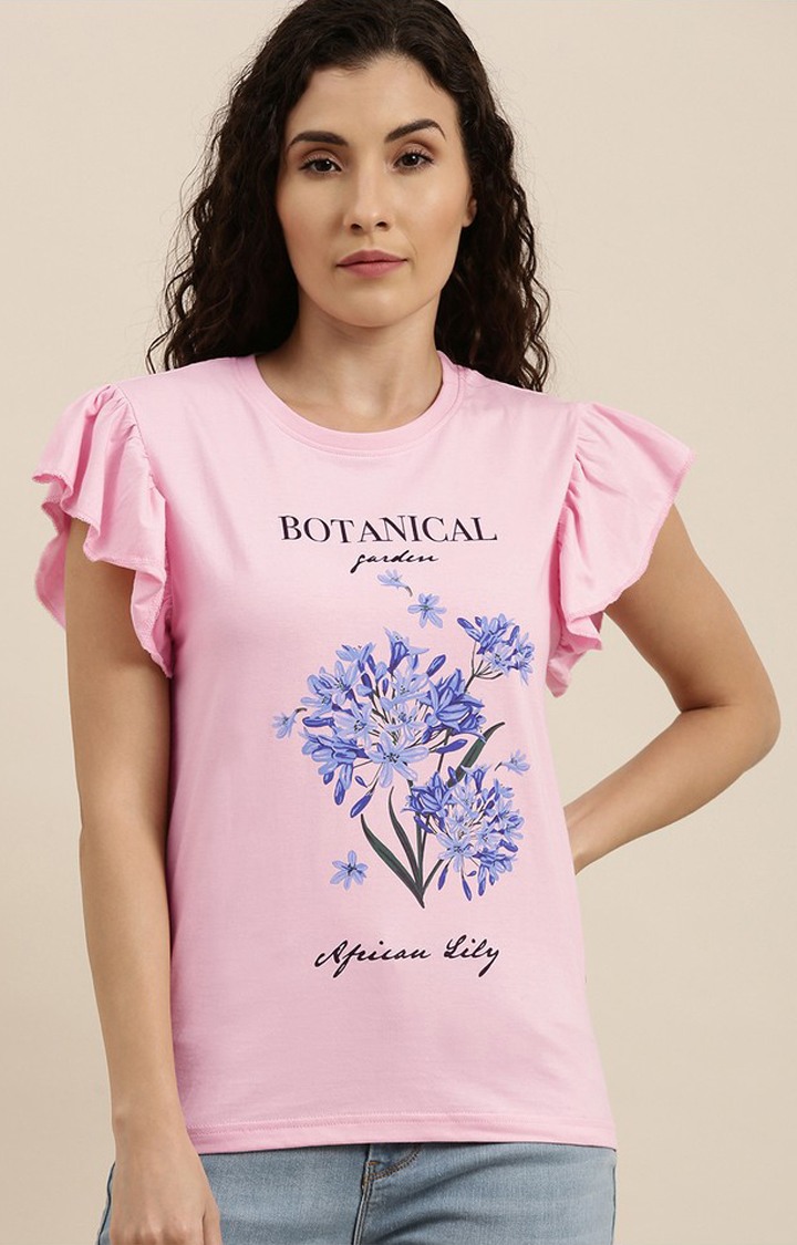 Difference of Opinion | Women's Pink Cotton Floral Regular T-Shirt 0