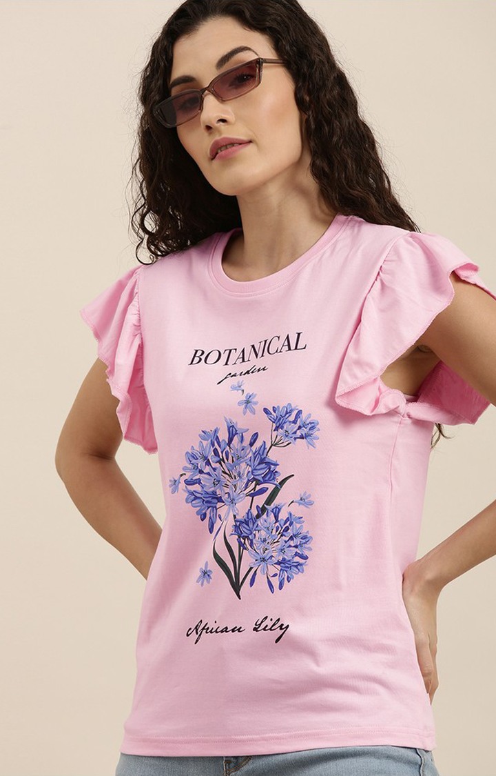 Women's Pink Cotton Floral Regular T-Shirt