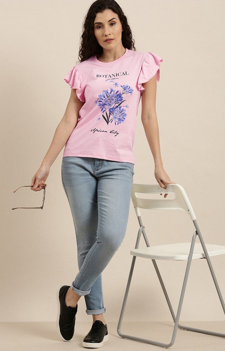 Women's Pink Cotton Floral Regular T-Shirt