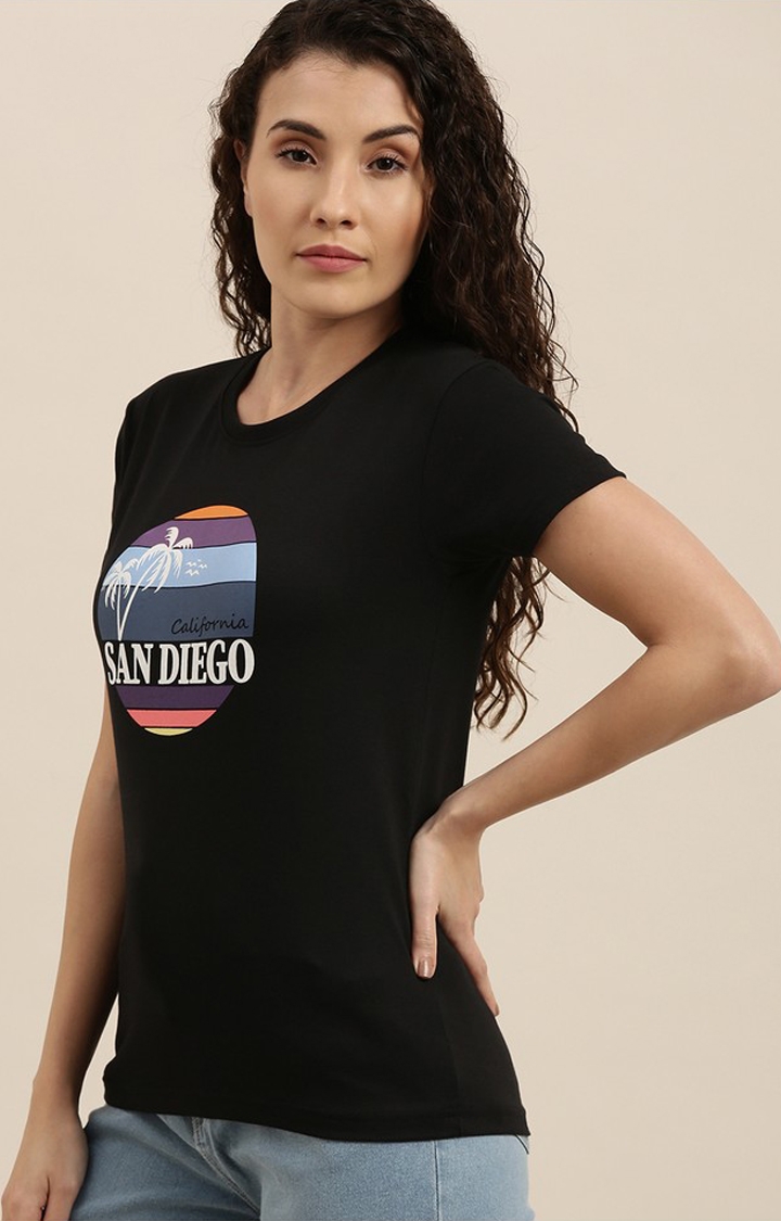 Women's Black Cotton Graphics Regular T-Shirt