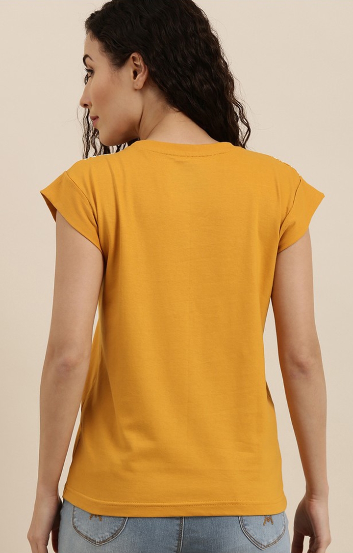 Difference of Opinion | Women's Mustard Cotton Printed Regular T-Shirt 3