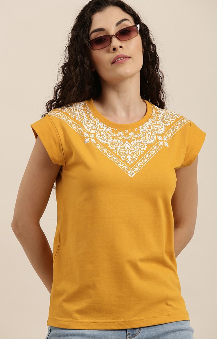 Women's Mustard Cotton Printed Regular T-Shirt