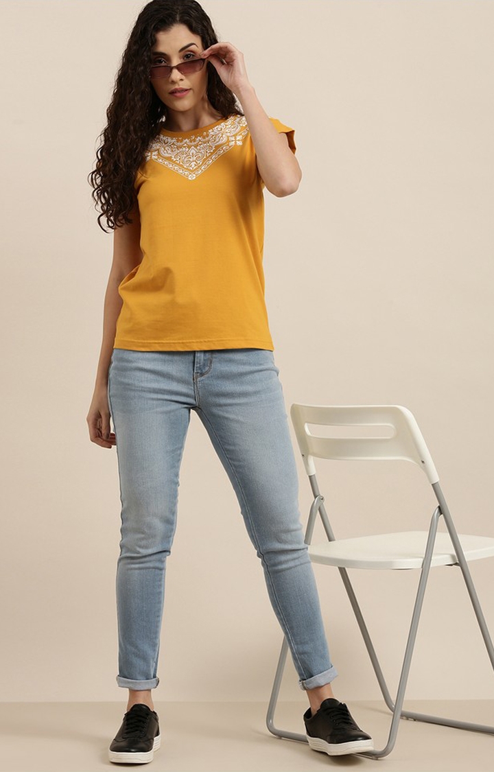 Difference of Opinion | Women's Mustard Cotton Printed Regular T-Shirt 1