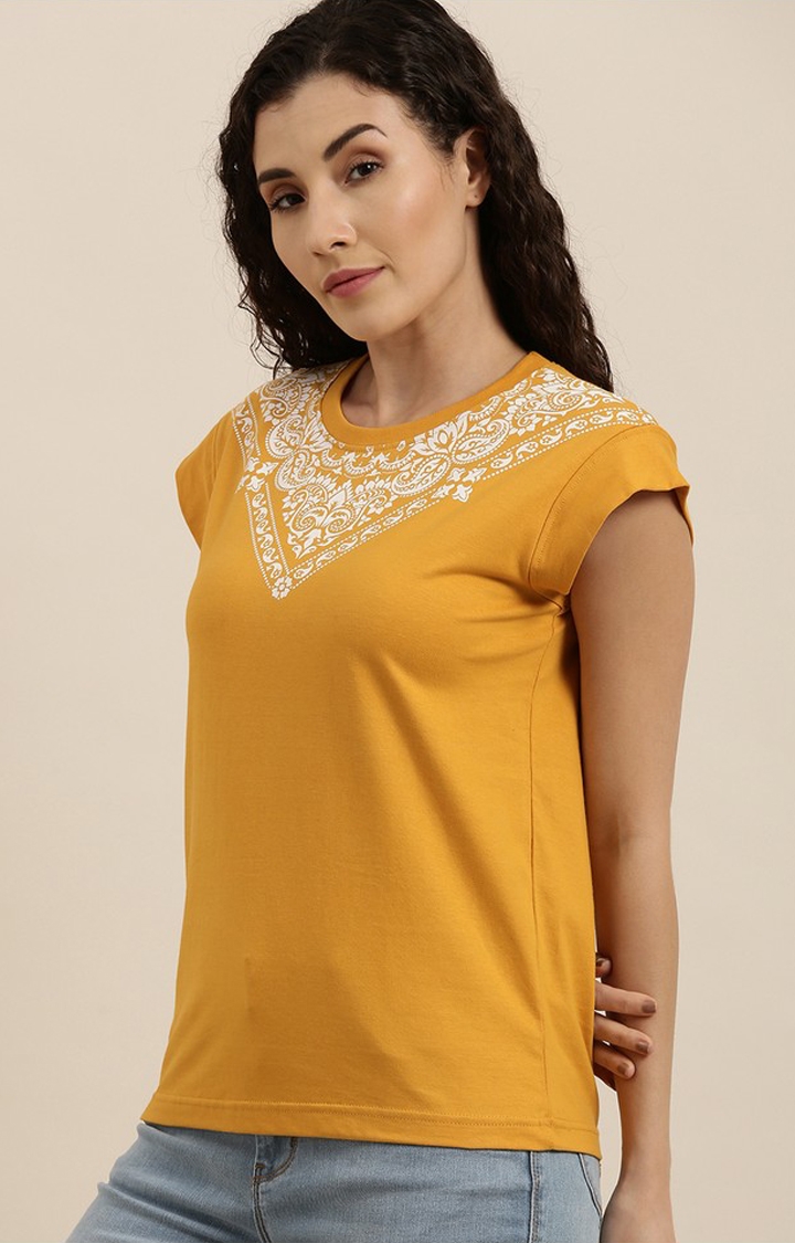 Difference of Opinion | Women's Mustard Cotton Printed Regular T-Shirt 2