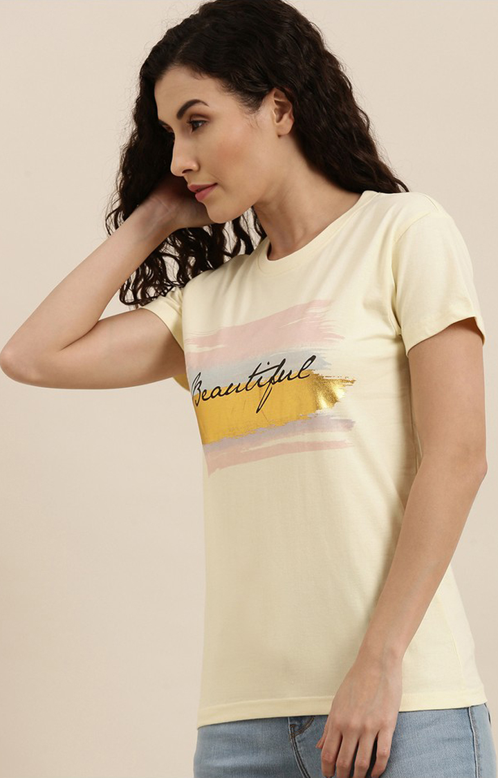 Women's Yellow Cotton Typographic Printed Regular T-Shirt