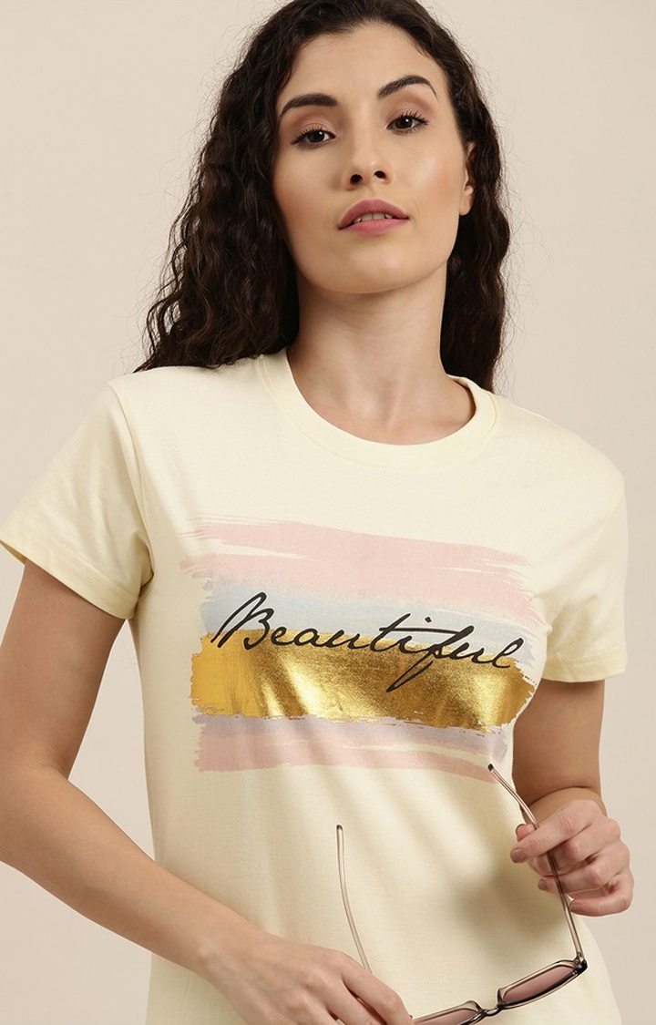Difference of Opinion | Women's Yellow Cotton Typographic Printed Regular T-Shirt
