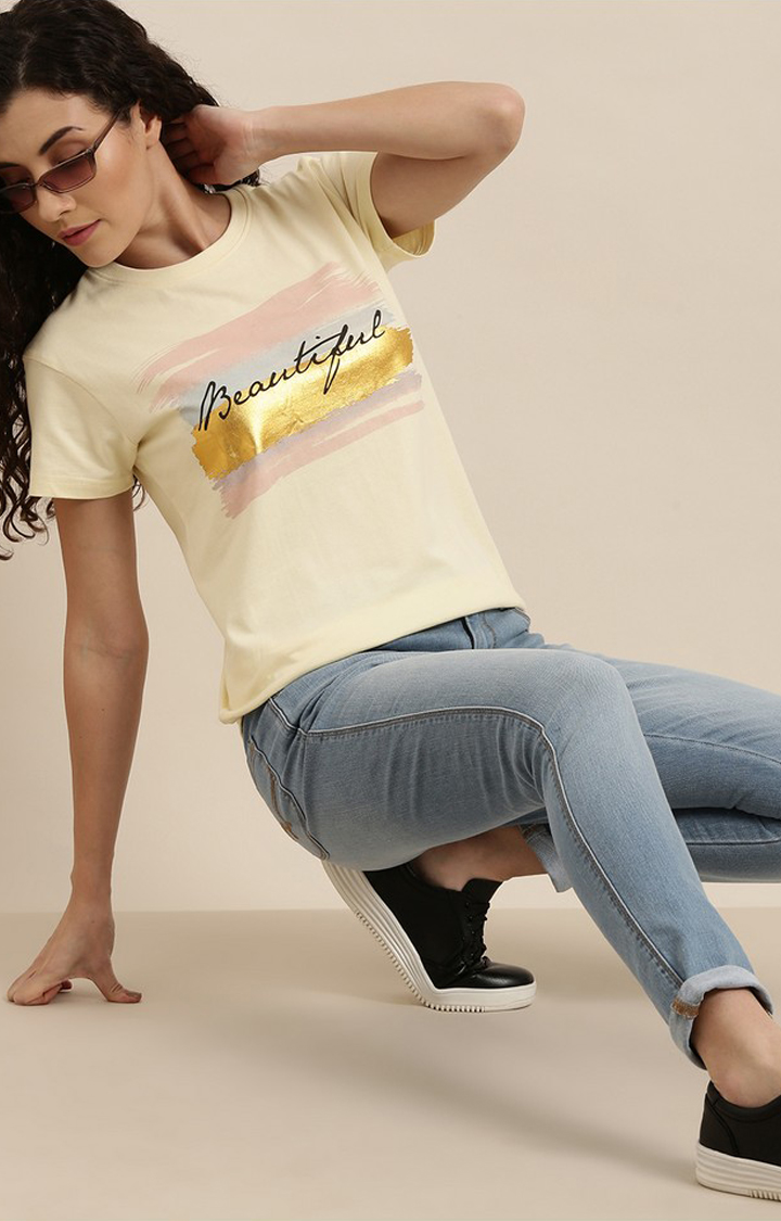 Women's Yellow Cotton Typographic Printed Regular T-Shirt