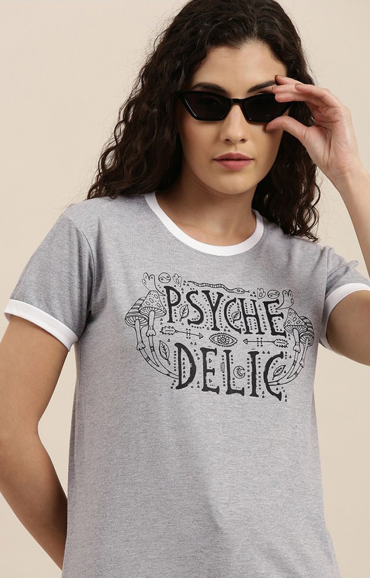 Women's Grey Melange Textured  Cotton Typographic Printed Regular T-Shirt