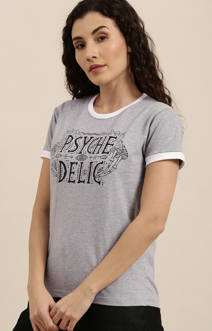 Difference of Opinion | Women's Grey Melange Textured  Cotton Typographic Printed Regular T-Shirt