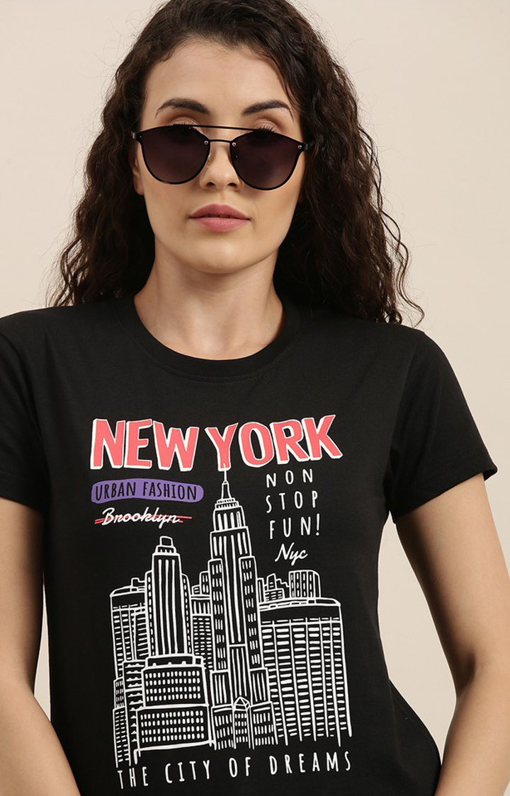 Women's Black Cotton Graphics Regular T-Shirt