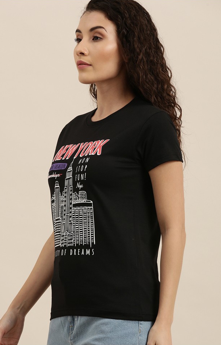 Women's Black Cotton Graphics Regular T-Shirt