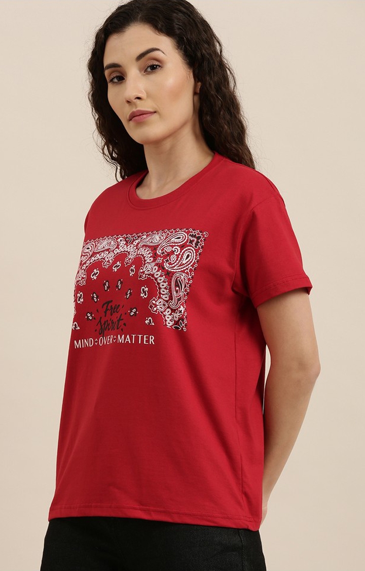 Difference of Opinion | Women's Red Cotton Graphic Printed Oversized T-Shirt 0